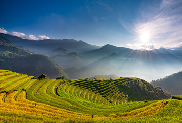 Sunset over Terraced rice field with lens flares, Mu Cang Chai, Yen Bai, Vietnam