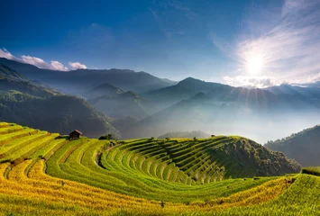 Foto auf Acrylglas Sunset over Terraced rice field with lens flares, Mu Cang Chai, Yen Bai, Vietnam © FaiV007