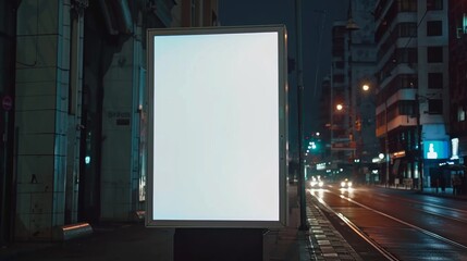 Vertical blank white billboard on city street. In the background buildings and road. Mock up. Poster on street next to roadway - obrazy, fototapety, plakaty