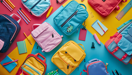 Different school backpacks with stationery on colorful background, top view - obrazy, fototapety, plakaty