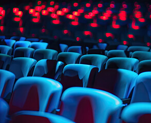 Provide a closeup look of the audience seats, bathed in a mesmerizing blend of blue and red lights