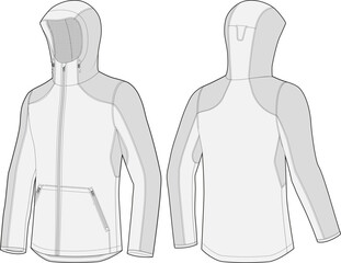 Lightweight jacket technical fashion illustration front and back views. Long sleeve lightweight outerwear design with kangaroo pocket.