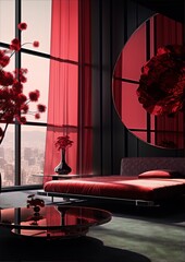 Red-toned bedroom with modern decor, luxurious and elegant.
