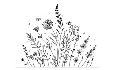 Doodle summer meadow flower, herbs, plants and insects vector boarder . Line art style blossom background.