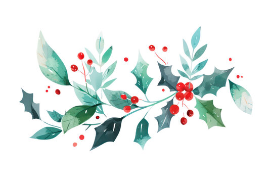 christmas arrangement of water colored holy leaves on isolated transparent background