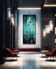 Red cherries fall in teal water, modern art piece.
