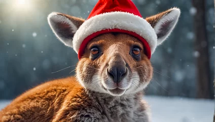 Gordijnen Cute kangaroo wearing Santa hat, look © tanya78