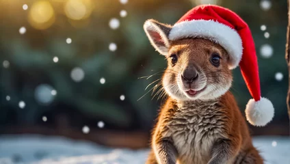 Foto op Plexiglas Cute kangaroo wearing Santa hat © tanya78