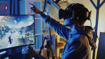 A man is playing a video game with a VR headset on