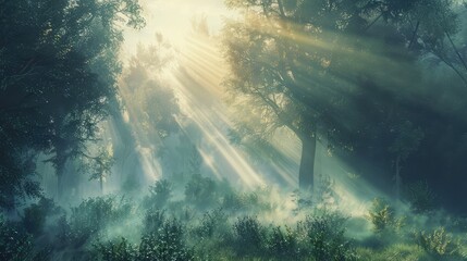 Sunbeams filtering through the misty morning fog, casting an ethereal glow over a tranquil forest...