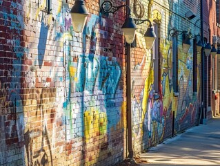 A colorful mural on a brick wall with graffiti on it