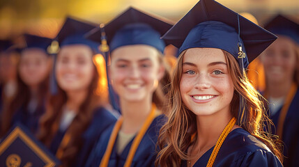 Graduates wearing blue caps and gowns hold proudly their diplomas in the rays of sunset.