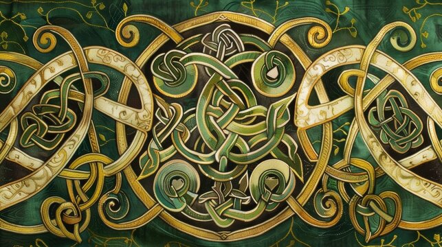 A green and gold design with a spiral pattern