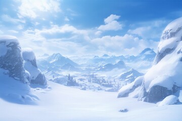 Vast snowy valley, mountains, and a clear blue sky.
