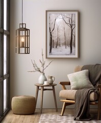 Cozy winter scene, snowy forest, warm interior.
