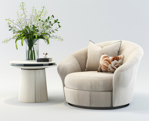 Lightcolored single fashion sofa chair and round table in the flowers and plants, highgrade fresh