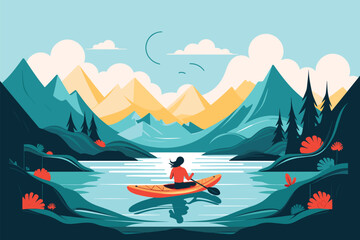 woman kayaking alone at the mountains vector illustration