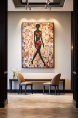 Elegant hotel lobby interior with colorful mosaic artwork of a woman in a red dress, two chairs and a table with flowers.