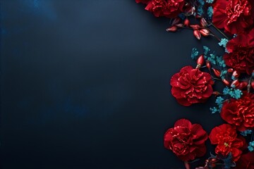 Red and blue flowers on a dark blue background, still life, photography, dark academia
