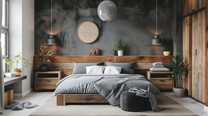 a 3D visualization of a trendy bedroom with a focus on grey and modern aesthetics attractive look