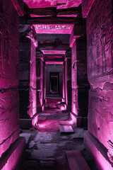inside a very dark egyptian temple made of dark stone only use colours black and pink with pink neon glow ultra realistic, photographic