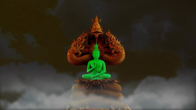 green buddha protected by the hood of the copper mythical king dark brown naga with night sky gray cloud time lapse