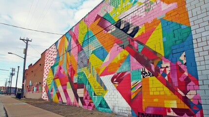 A colorful mural on a brick wall