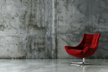 A red chair sits in front of a wall with a grey color