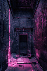 Fototapeta na wymiar inside a very dark egyptian temple made of dark stone only use colours black and pink with pink neon glow ultra realistic, photographic