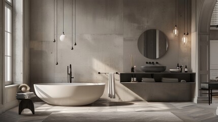 Clean, neutral colored, yet masculine bathroom, interior, apartment, design, house, luxury, modern, light, home, white, sink, room, floor, wall, bath
