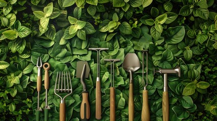 Gardening tools on green leaves background.