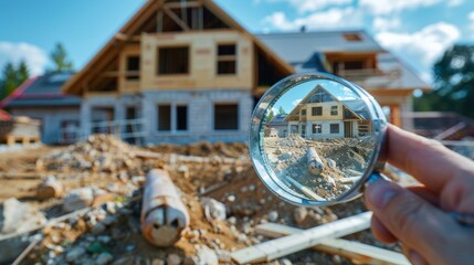 engineer use magnifying glass inspecting construction new house.inspecting construction and quality assurance new house. Engineers or architects or contactor work to build the house.