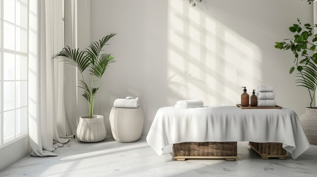 Beautiful spa elements on the massage table in the wellness center. Massage on light wooden background. blur living room, natural creams and moisturizing Healthy lifestyle