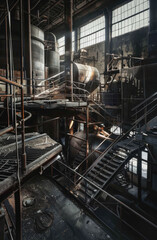 Fototapeta na wymiar industrial plant room in a factory, pumps leaking steam, water over floor