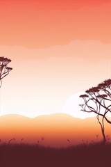 Savanna landscape at sunset with silhouettes of trees and grass in warm colors, digital art