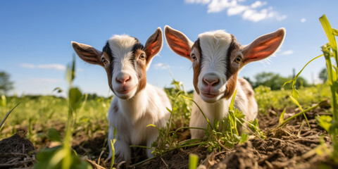 Fototapeta premium Playful Goats in Sunny Pasture