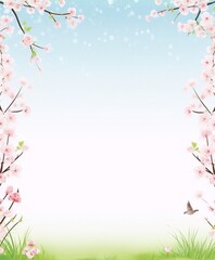 Delicate pink cherry blossoms frame a tranquil spring scene with a blue sky, soft clouds, and a grassy field.