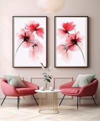 Two watercolor paintings of red and pink flowers in black frames hang on a pink wall above two mauve armchairs in a modern interior.