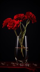 Three red carnations in a champagne glass on a red velvet cloth with water droplets, black background, still life, photography