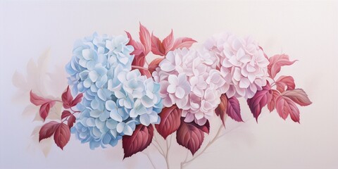 vibrant blue and pink hydrangeas with dark red leaves on a creamy background, botanical, art deco, interior,