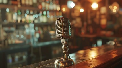 an imaginative visual through AI, emphasizing a metal microphone on a bar with a background that is intentionally blurred attractive look