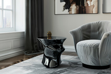 A lacquered side table with a high-gloss finish, adding a touch of modern elegance to a...