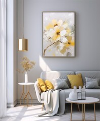 Oil painting of white and yellow flowers in a modern living room with a white sofa and golden accents in the Scandinavian style.