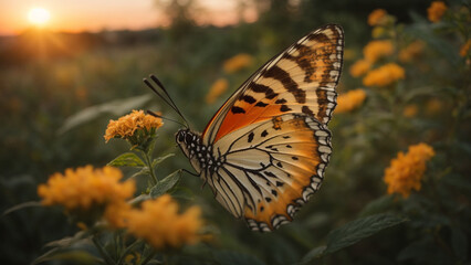 Butterfly and flower at sunlight AI generative