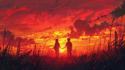 A tender moment shared between a couple as they watch a breathtaking sunset, the sky ablaze with warm hues of orange and pink, silhouettes holding hands against the fading light
