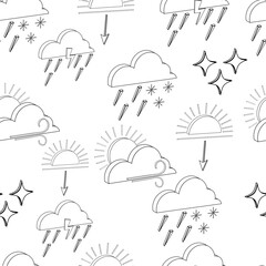 Seamless pattern of isolated black contour 3d weather icons on white background