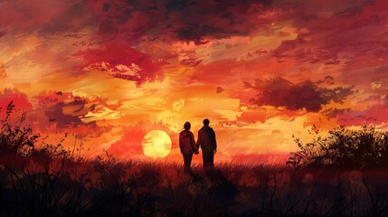Obraz na płótnie Canvas A tender moment shared between a couple as they watch a breathtaking sunset, the sky ablaze with warm hues of orange and pink, silhouettes holding hands against the fading light
