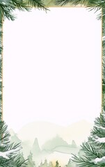 Watercolor winter landscape with pine branches frame, perfect for Christmas and New Year cards, wedding invitations, and other holiday projects.