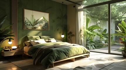 a bedroom with a sleek, green-themed decor and sophisticated 3D rendering attractive look