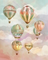 Obraz premium A painting of six hot air balloons floating in the sky